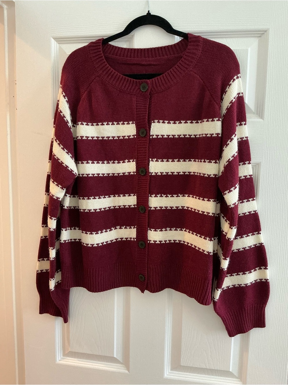 Striped Burgundy and Cream Button-Up Women's Sweater Cardigan